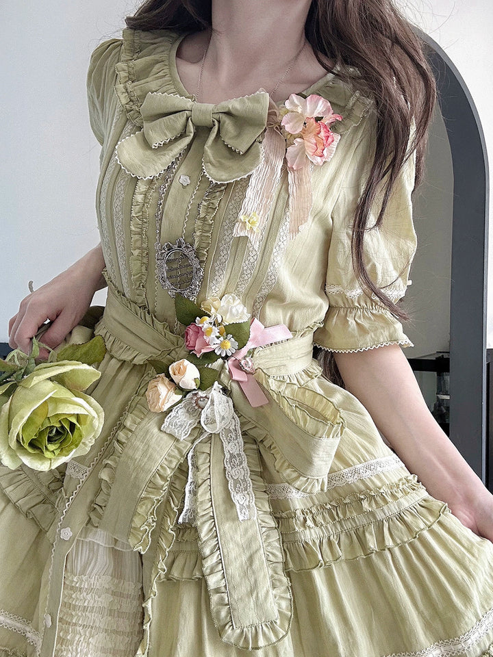 Miss Point~Cat Rose Tea~Elegant Lolita OP Open-front Short Sleeve Tiered Dress 42135:727795