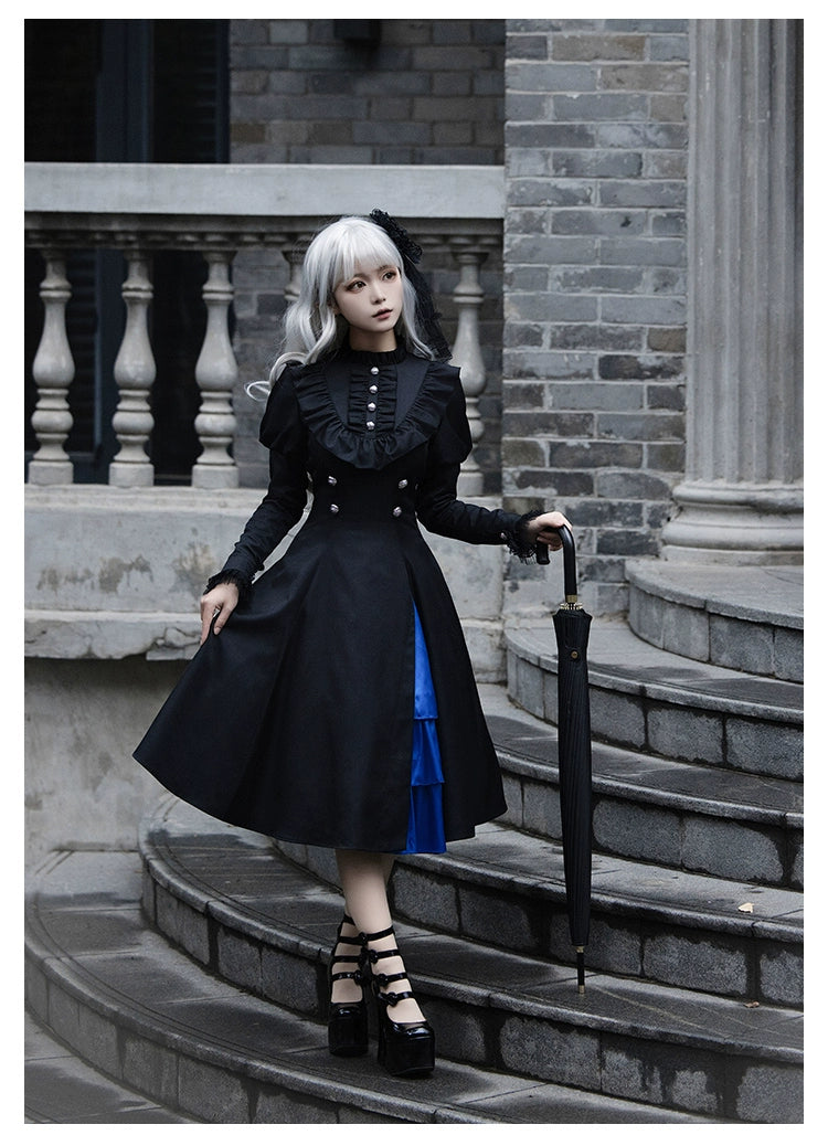 (BFM)With PUJI~Night Serenade~Retro Lolita Cloak Color-Blocked Blue and Black Cape OP Set   