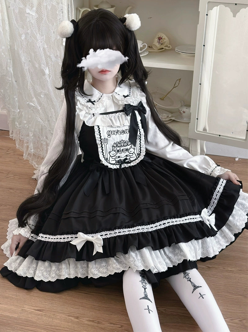 Hanguliang~Sweet Bear~Kawaii Lolita JSK Dress Embroidery Flounce Hem   