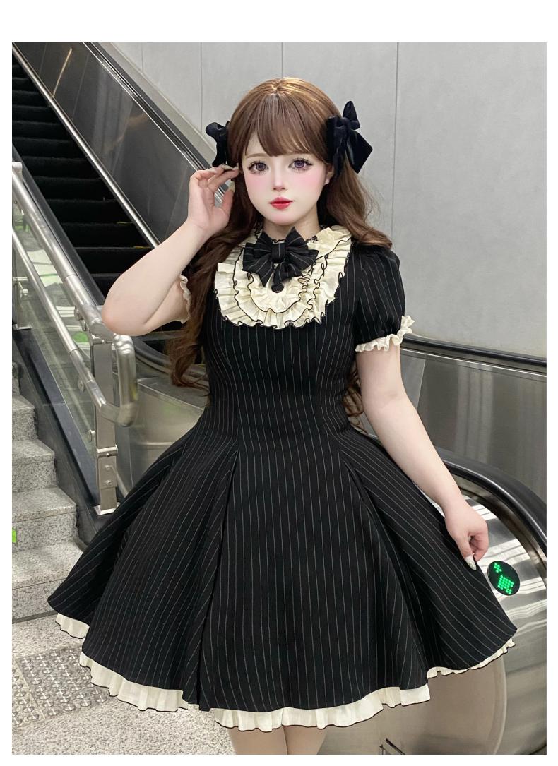 Chubby Cat Diary - Afternoon Tea - Striped Sweet Lolita OP, Petal-Ruffled Apron 44318:804535