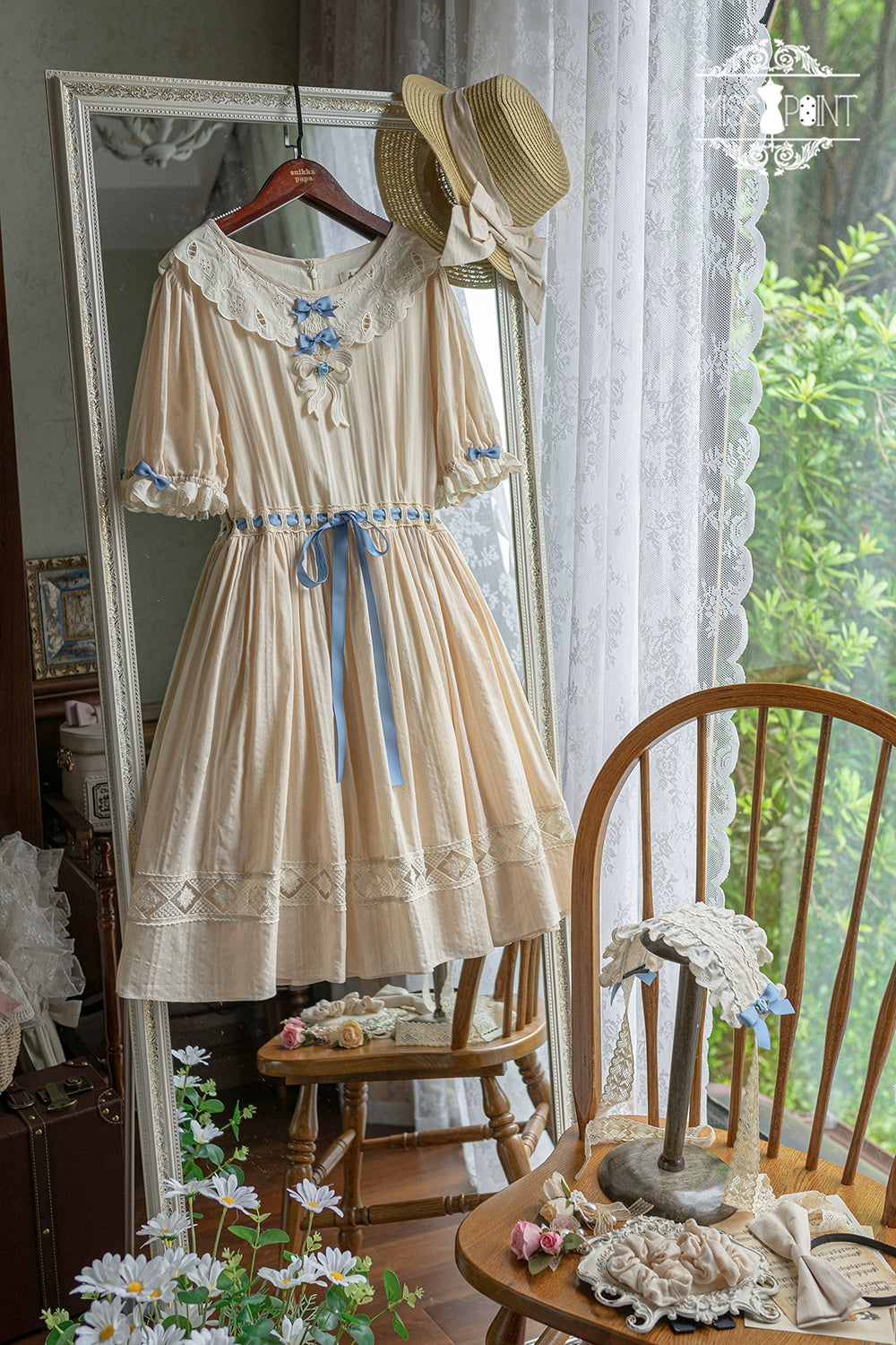Miss Point~Customized Elegant Lolita OP Dress Cute Daily Girl Short Lolita Dress XS Ivory - short style 