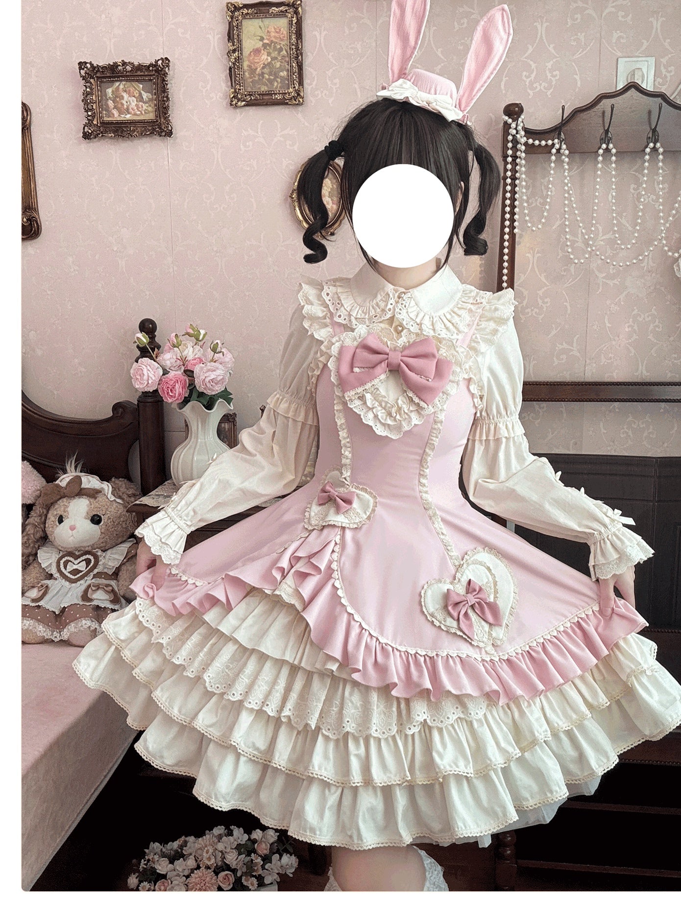 Cream Bud - Tiered Hem Old School Lolita JSK, Side Opening Pink JSK Only S