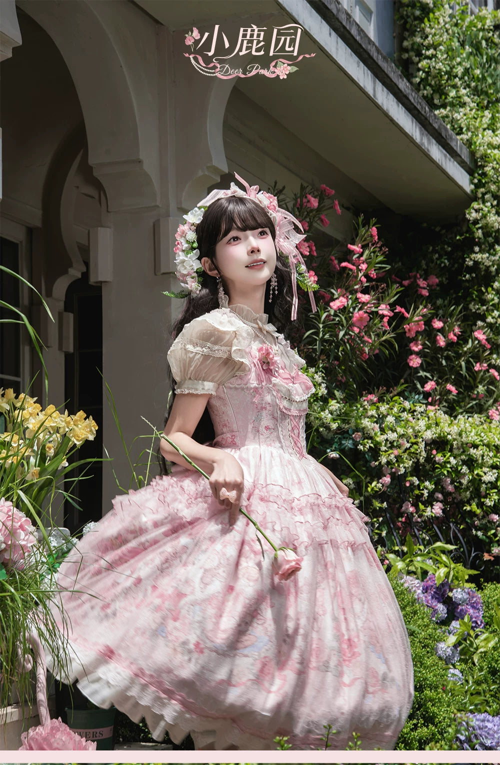 Deer Garden - Sweet Lolita Deer Printed JSK Dress with Tulle Overlay 45607:855276