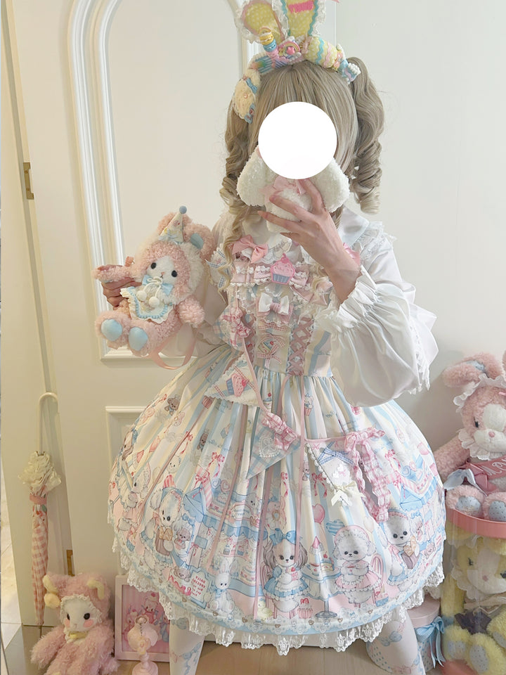 Hanguliang~Sweet Tea Party~Kawaii Lolita JSK Puppy Printed Dress with Sash