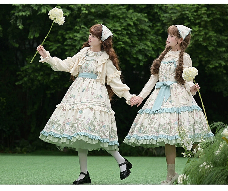 With PUJI - Oriole Time - Country Lolita JSK and OP Dress, Floral and Bird Print 44048:794538