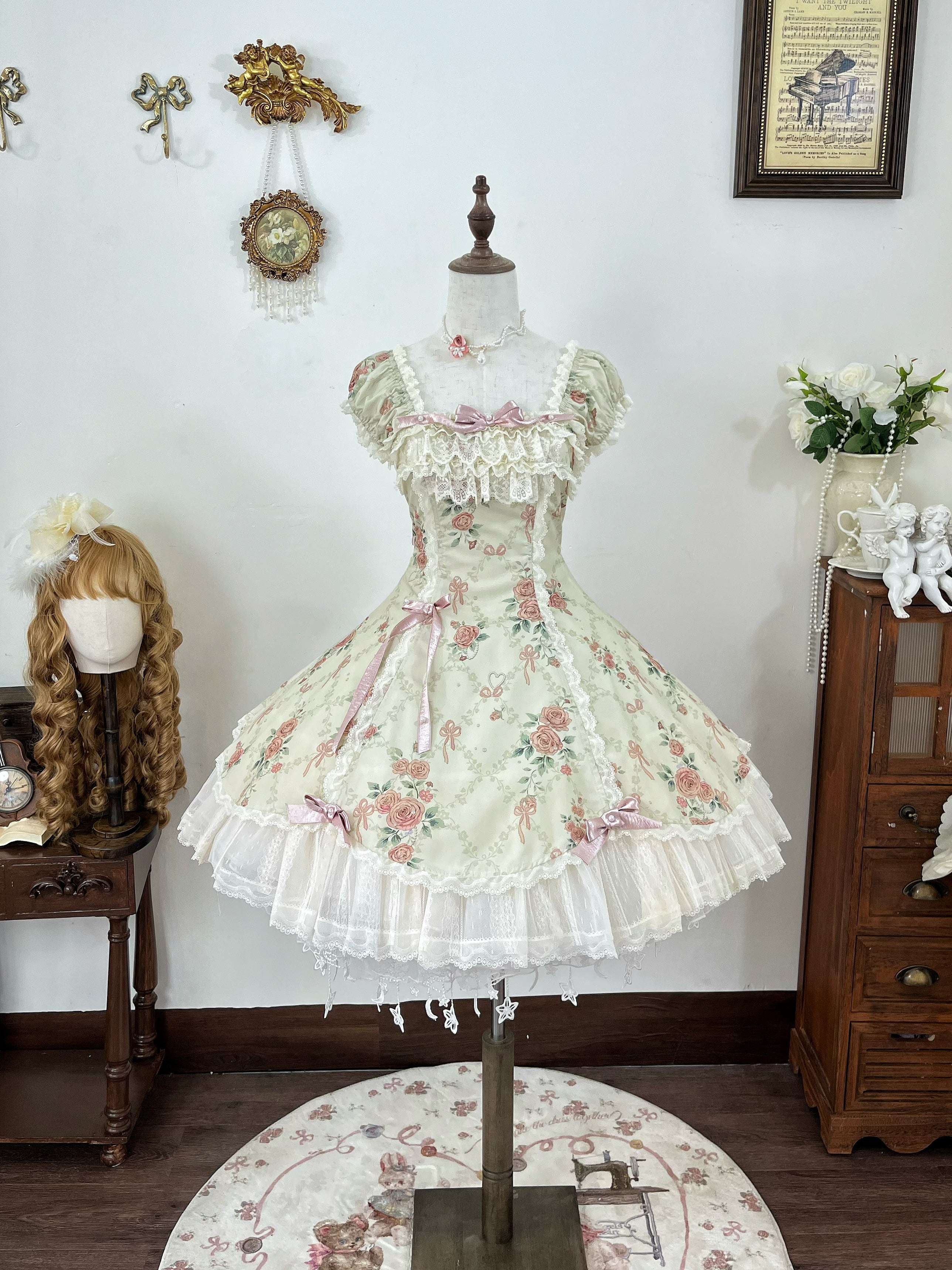 Pearl & Rose - Old School Lolita Floral Print Lolita OP Dress, Back Opening (L M S) 45925:868411