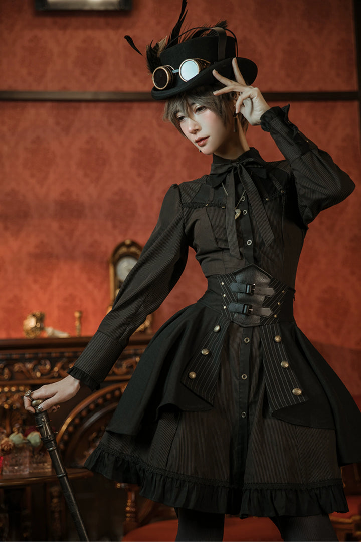 (BFM)Mr. Yi's Steam Continent~Gothic Lolita Skirt Black High-Waisted Leather Waistband Skirt