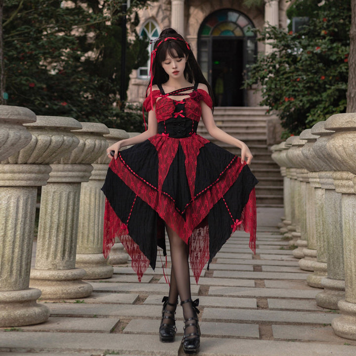 Your princess~Gothic Lolita Irregular Hemline JSK Multicolors S red JSK+fish-bone petticoat 