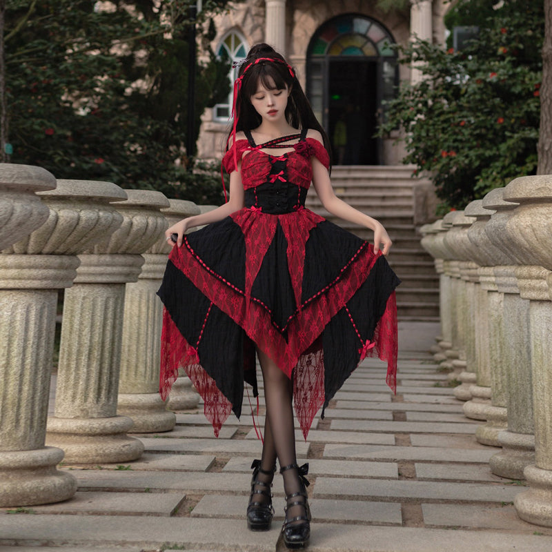 Your princess~Gothic Lolita Irregular Hemline JSK Multicolors S red JSK+fish-bone petticoat 