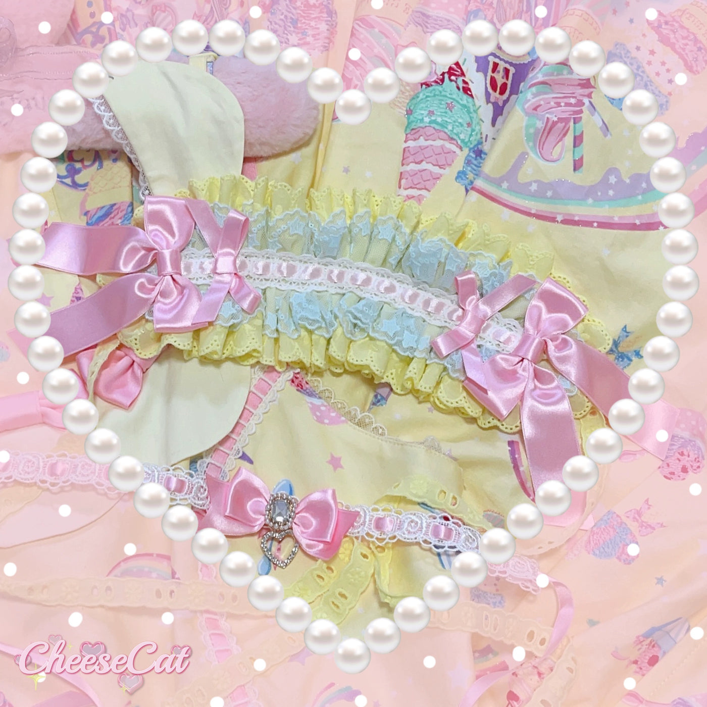 (BFM)Cheese Cat~Sweet Lolita Headband Ribbon Bow Headbands Yellow and Blue - Pink Bow  