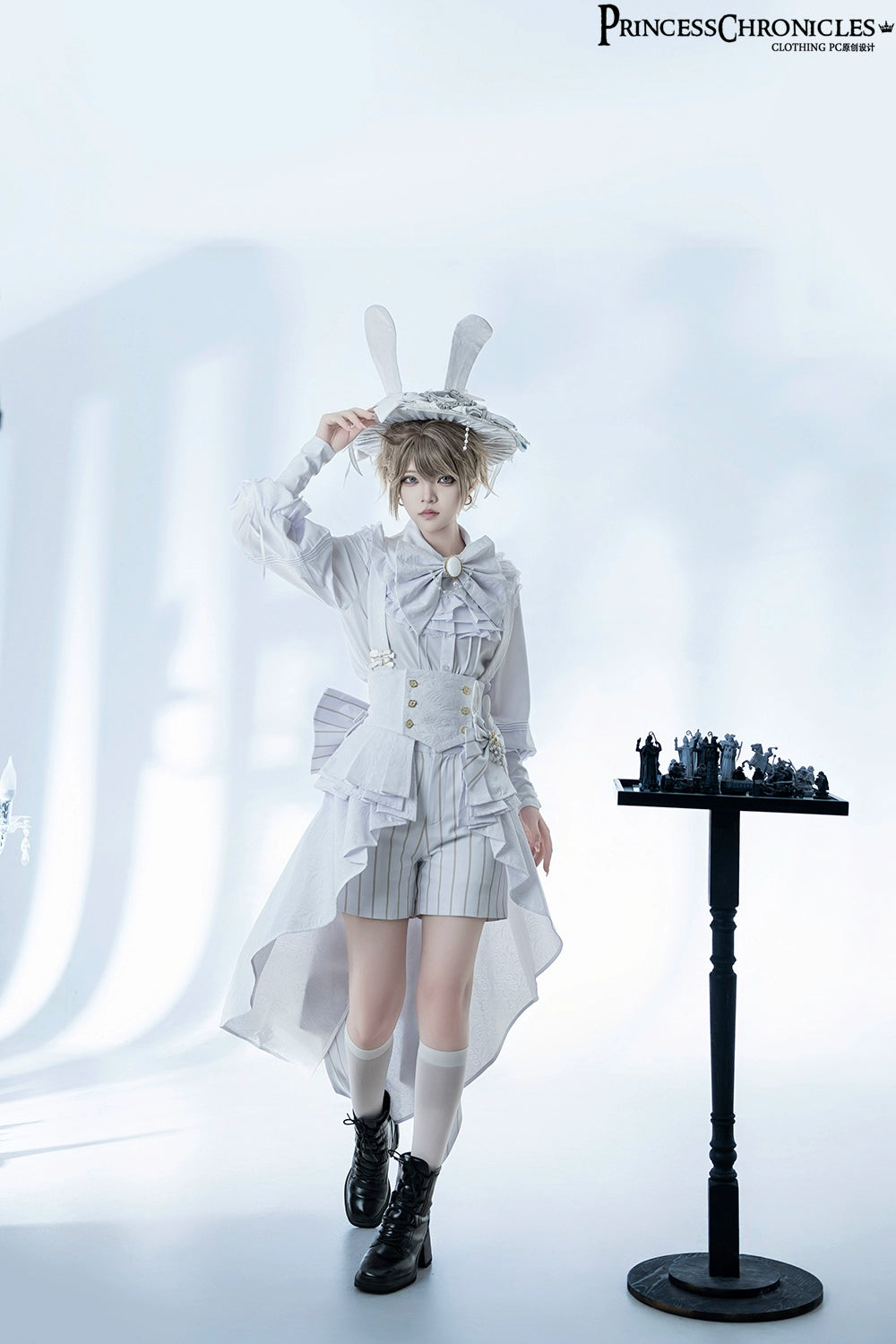 Princess Chronicles - Rabbit Theater White Moonlight - Ouji Lolita Shorts Set Corset and Rabbit Hat Accessory