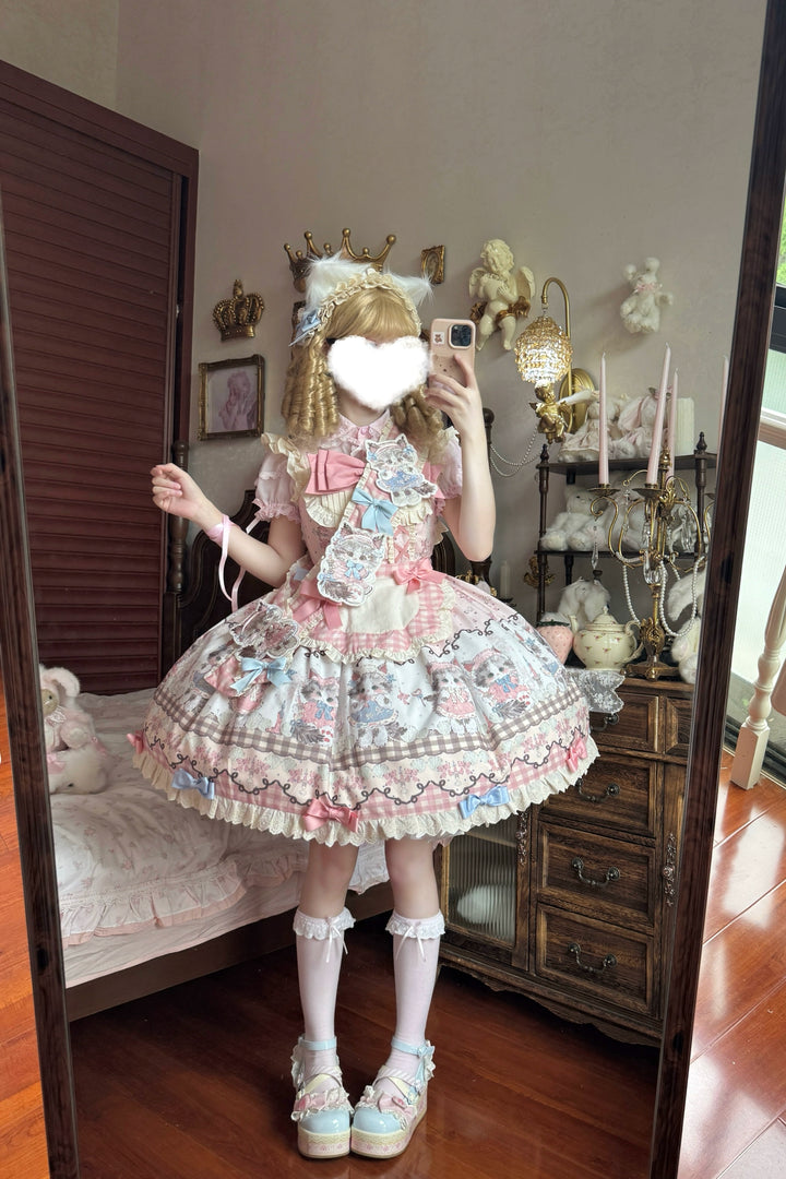 Shattered Lace Dream - Shattered Cat - Cat Printed Kawaii Lolita JSK Dress, Embroidered Sash