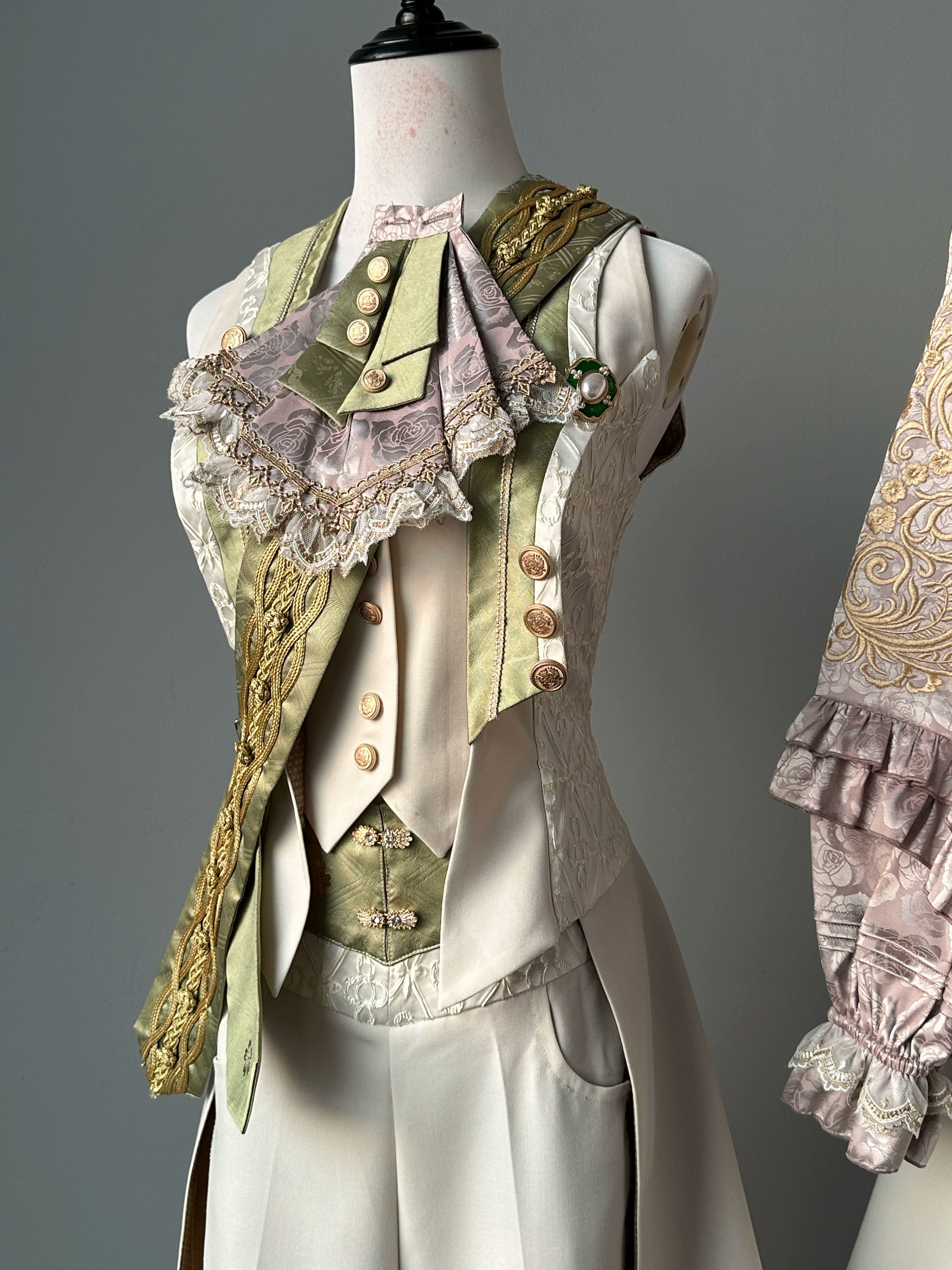 Narsesus - Ouji Lolita Pants Suit Retro European Prince Cape Shirt Vest Tailcoat Vest(with badge) - Light Green Only XS