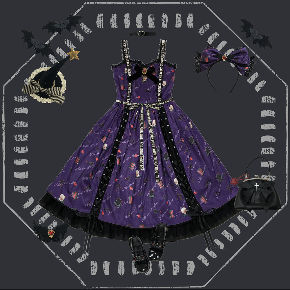 Miss Point~Gothic Lolita Clown and Bat Wings Print JSK Customized M purple 