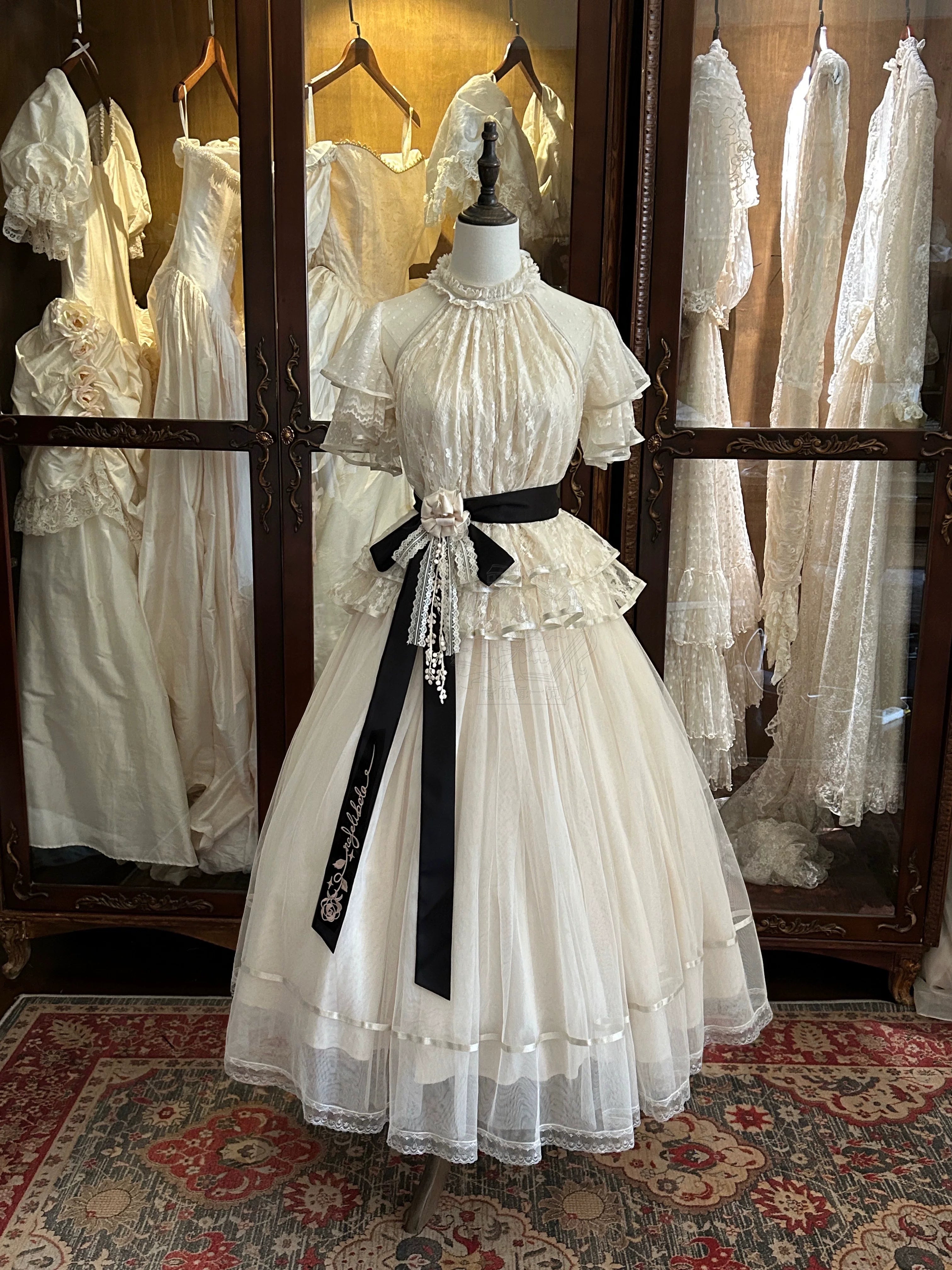 Moonlight Ode - Classic Lolita Lace Halter-neck Blouse & Tulle Skirt Set 45447:849148