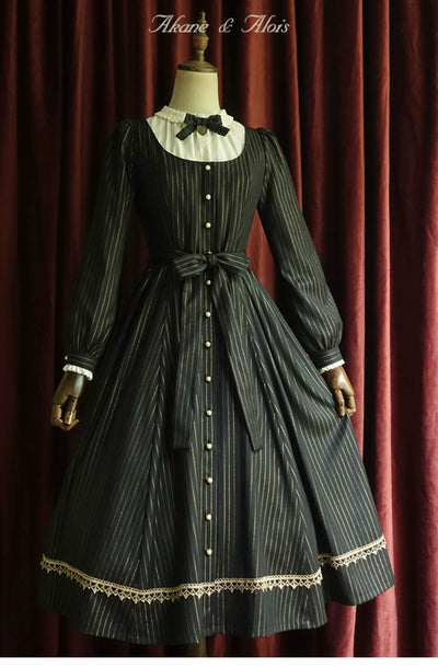 Akane Alois~Mystery Garden~Elegant Classic Lolita OP Black Gold Striped Dress S OP with a waist tie 