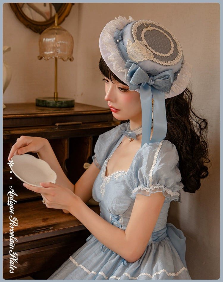 Mademoiselle Pearl~Antique Porcelain~Vintage Lolita Hat Elegant Brooch Choker   