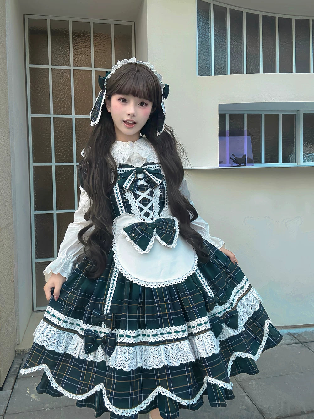 Plaid Petal Bunny - Old School Lolita Plaid OP Dress, Petal-shaped Hem 44673:818285