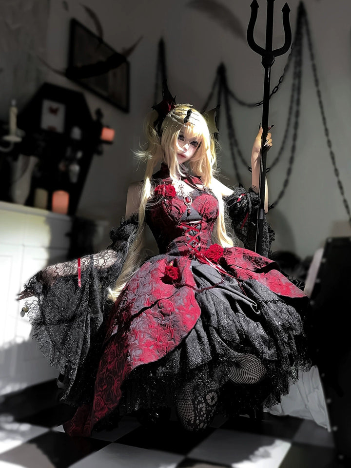 Cornfield Lolita~Rose Blood~Black Red Gothic Lolita JSK Jacquard Court Dress 40688:673066