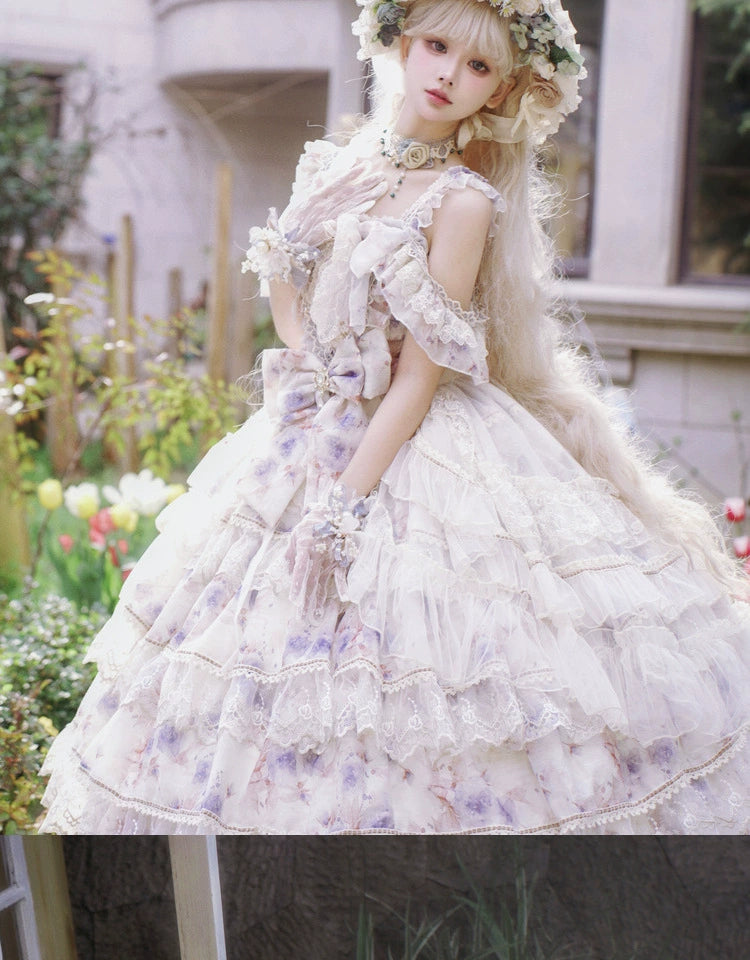 Cat Fairy~Rose Letter~Gorgeous Lolita JSK Princess Dress Chiffon Floral Printed Blue Dress   