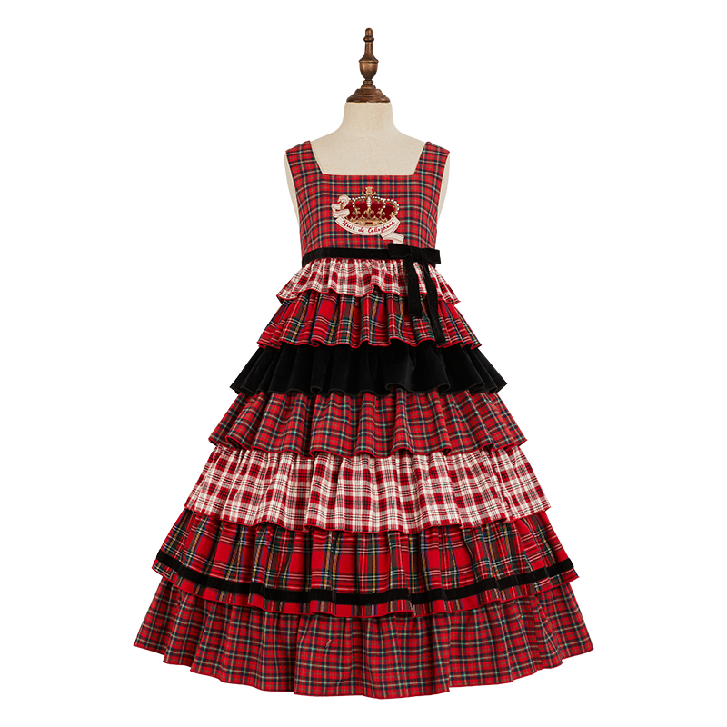 Nuit De Cellophane~Thistle Crown~Punk Lolita Suit Plaid Coat Tiered Skirt XS Red Cake JSK 