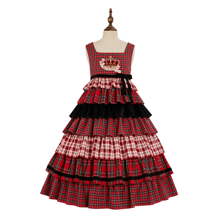 Nuit De Cellophane~Thistle Crown~Punk Lolita Suit Plaid Coat Tiered Skirt XS Red Cake JSK 