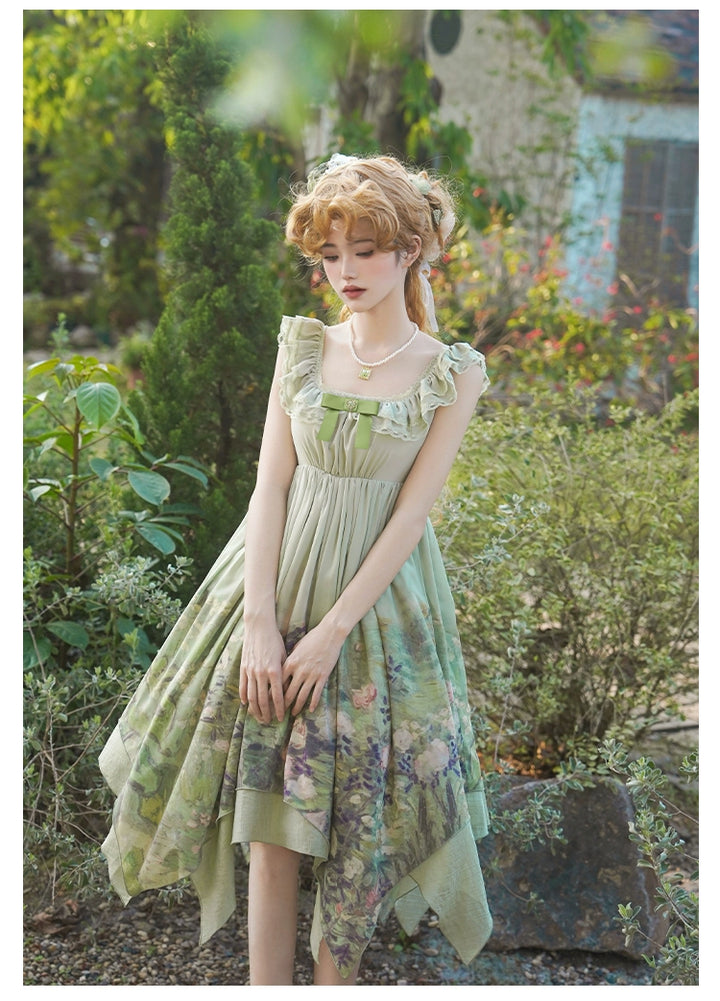 With PUJI~Blooming Rose~Chiffon Classic Lolita Dress Set Painting Styled OP & JSK