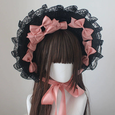 (BFM)Deer Girl~Gothic Lolita Handmade Bonnet with Bows and Beads smoke pink bow-tie style  