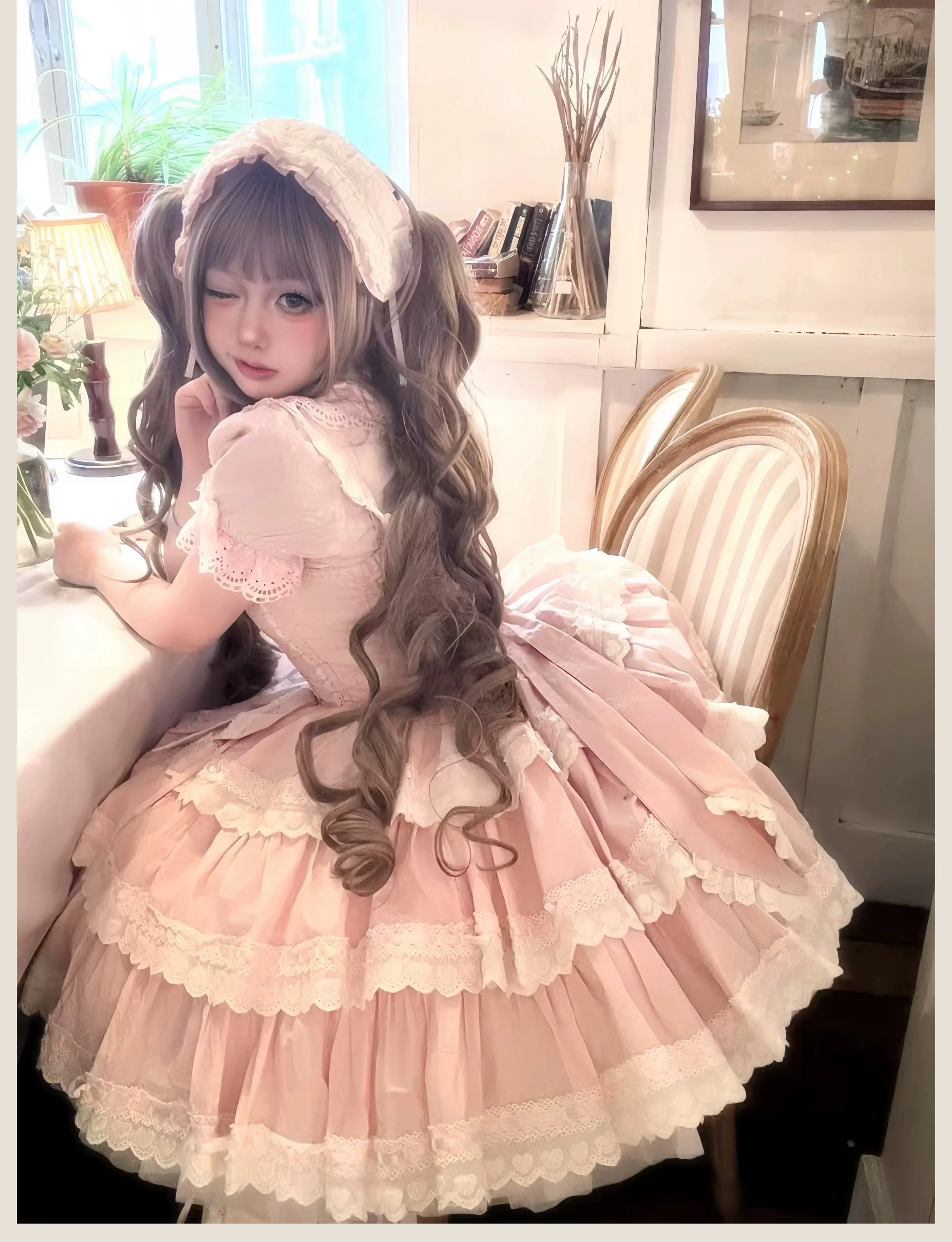 TaTaTa Lolita - Otome Heart - Cotton Old School Lolita JSK Dress, Heart-Shaped Lace Trim 44546:812940