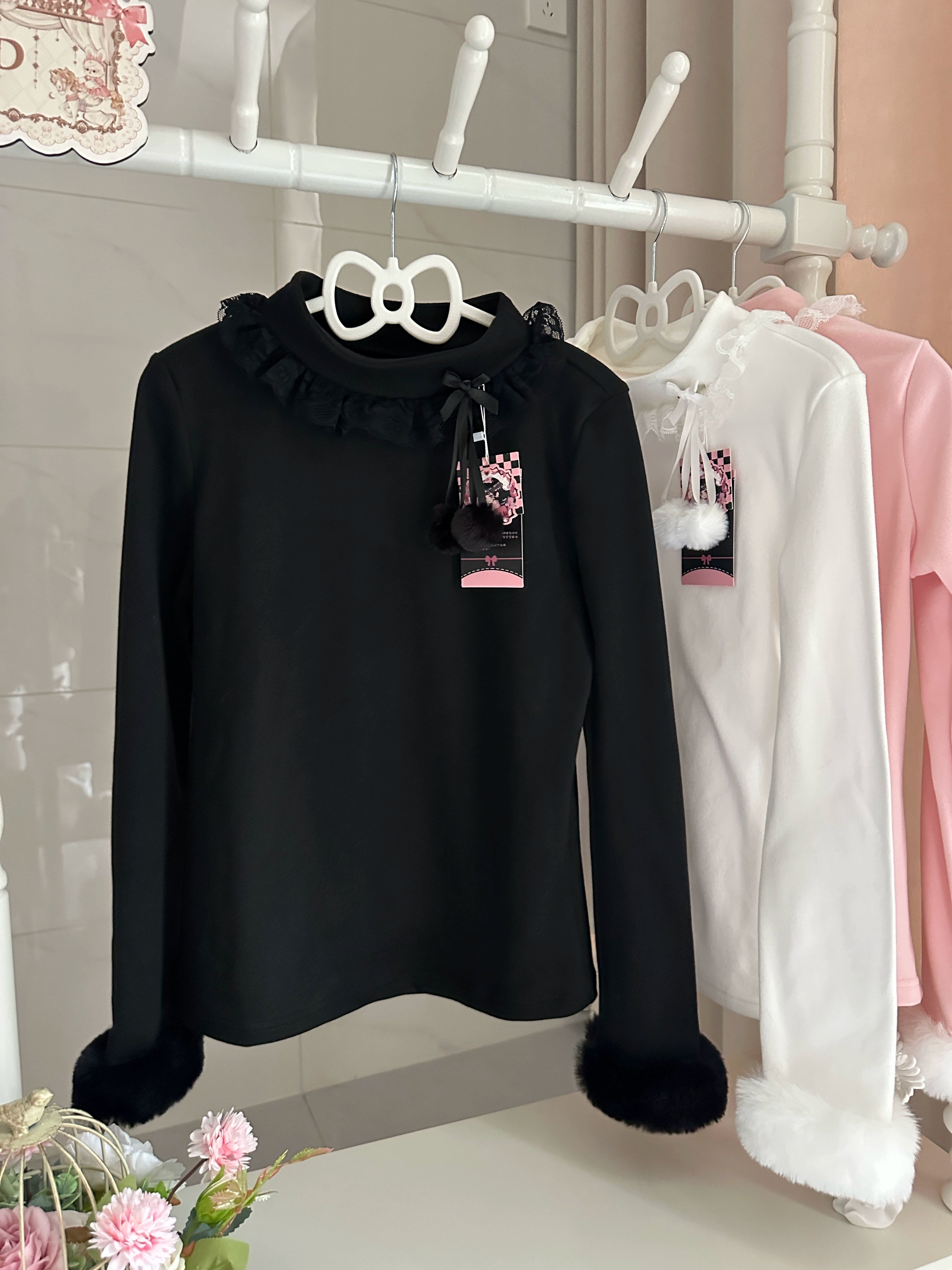 MeowMeow - Pom Pom - Kawaii Lolita Winter Innerwear, Fuzzy Cuffs (Black / 2XL L S) 44046:793654