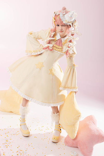 Summer Fairy~Sakura Collab Series~Yellow Lolita OP Dress Star Print   