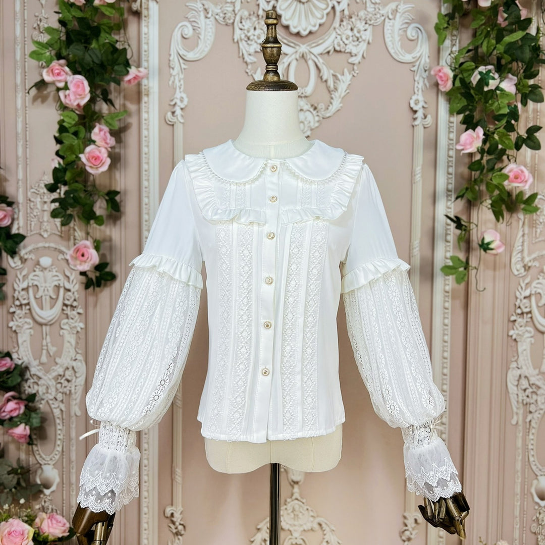 DMFS Lolita~Vintage Lolita Mutton Leg Sleeve Blouse Doll Collar Shirt S Off-white 