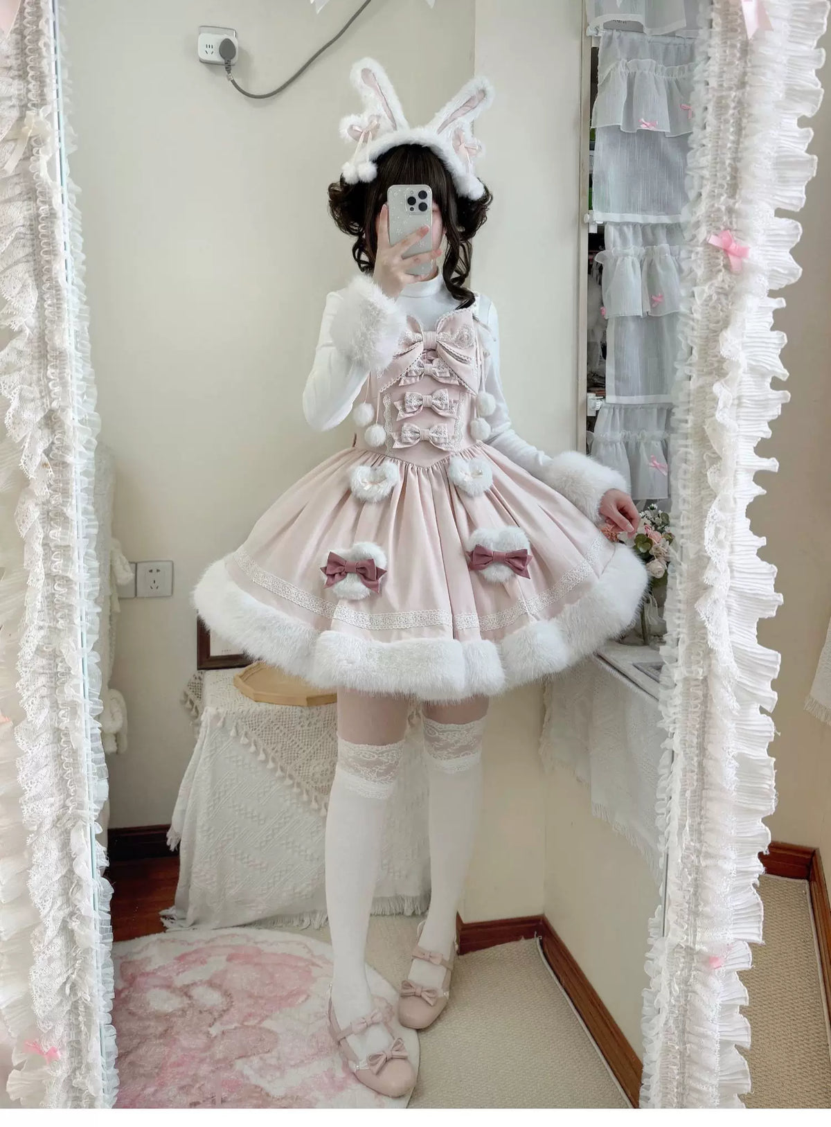 Sweet Dream Bunny - Sweet Lolita Cape & JSK Dress Set, Faux Fur Bunny Ear 46120:875803
