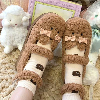 Fairy Godmother~Cute Plush Warm Round Toe Lolita Soft Sole Shoes 34 Lamb fur in light brown with mesh lining 