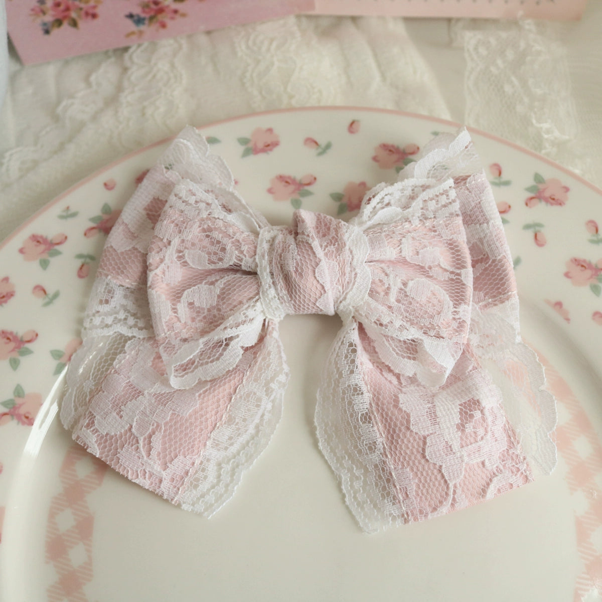 Creamy Bubbles - Sweet Lolita Hair Clip Pink Lace Bow Hair Clip and Brooch Handmade