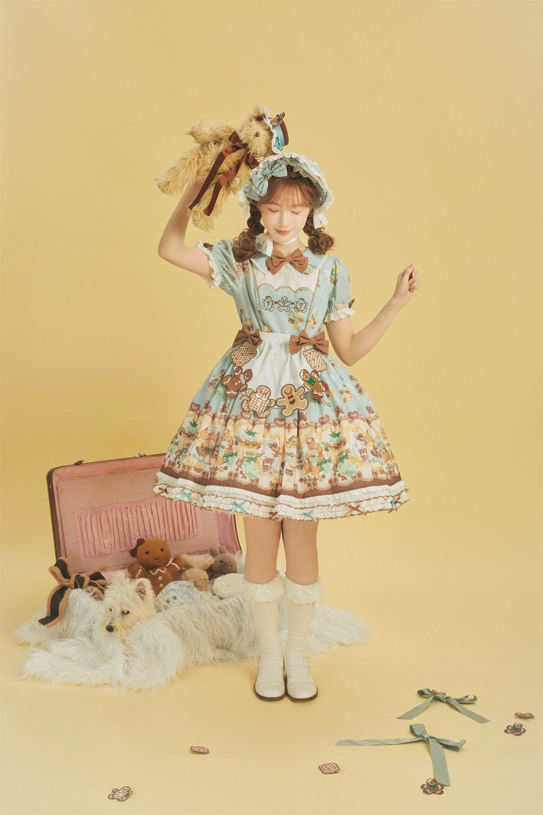 Babyblue~Little Bear Honey Jar~Kawaii Lolita Short Sleeve OP Gingerbread Man Embroidered Dress   