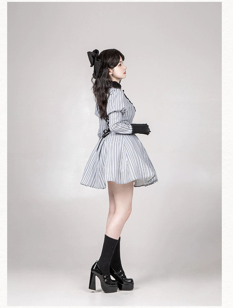 With PUJI~Nocturne SP~Striped Gothic Lolita OP Twin Lolita Dress with Apron 42192:731255