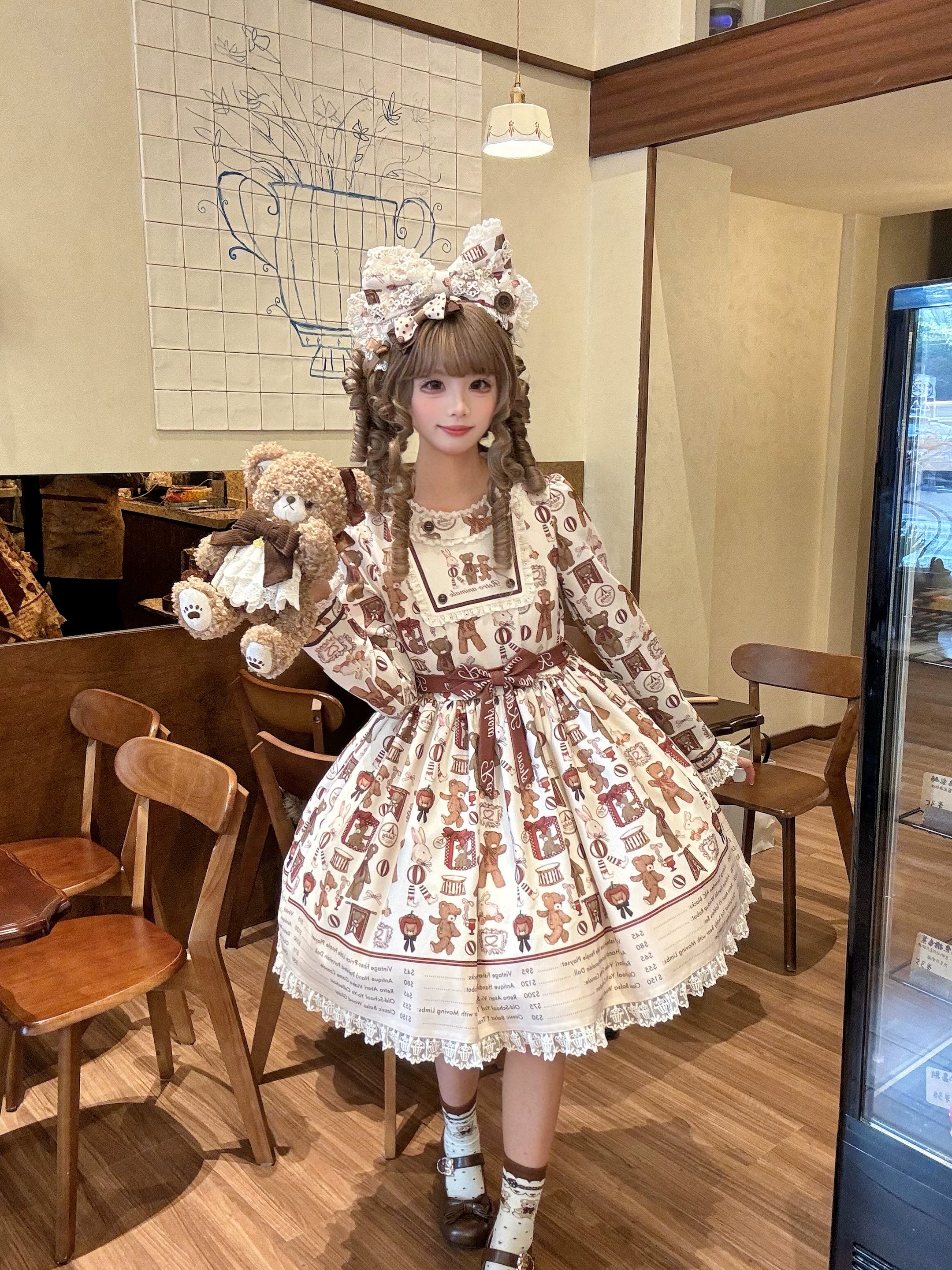 Fairyfaith - Little Bear Daily - Kawaii Lolita Embroidered JSK & OP Dress, Bear Print 44384:806222