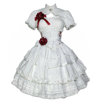 Mengfuzi~LiLith~White Gothic Lolita Dress With Optional Bolero and Sleeves XS White jsk + small bolero 