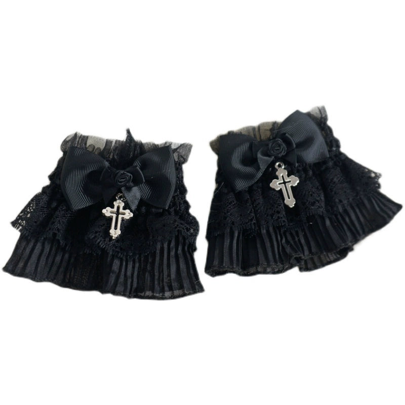 MaoJiang Handmade~Gothic Lolita Cuffs Black Rose Lace Cross Stretch Handcuff   