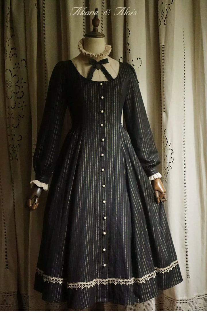 Akane Alois~Mystery Garden~Elegant Classic Lolita OP Black Gold Striped Dress   