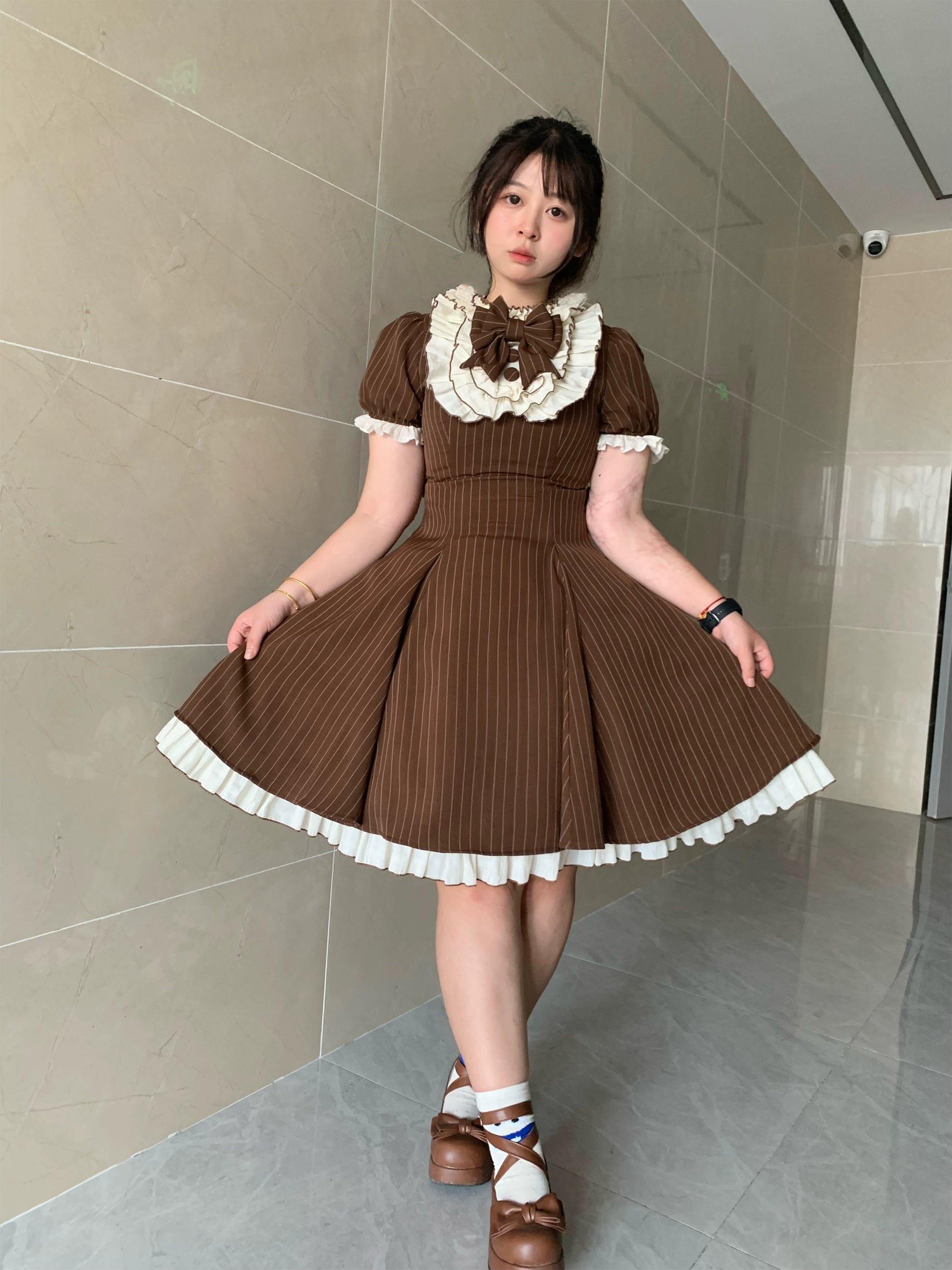 Chubby Cat Diary - Afternoon Tea - Striped Sweet Lolita OP, Petal-Ruffled Apron 44318:804525