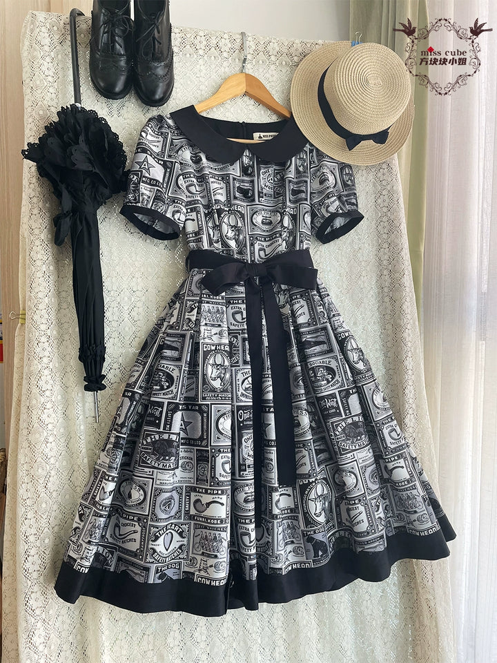Miss Cube - Antique Label - Retro Lolita OP Dress Short Sleeve Dress 35660:498634