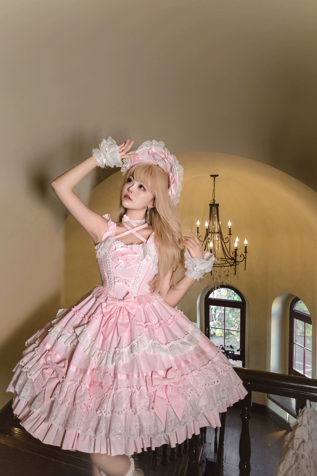 Immersive original~Belia~Old School Lolita JSK Sweet Doll Princess Dress Pink (JSK+ Trailing+ Hairband) - S