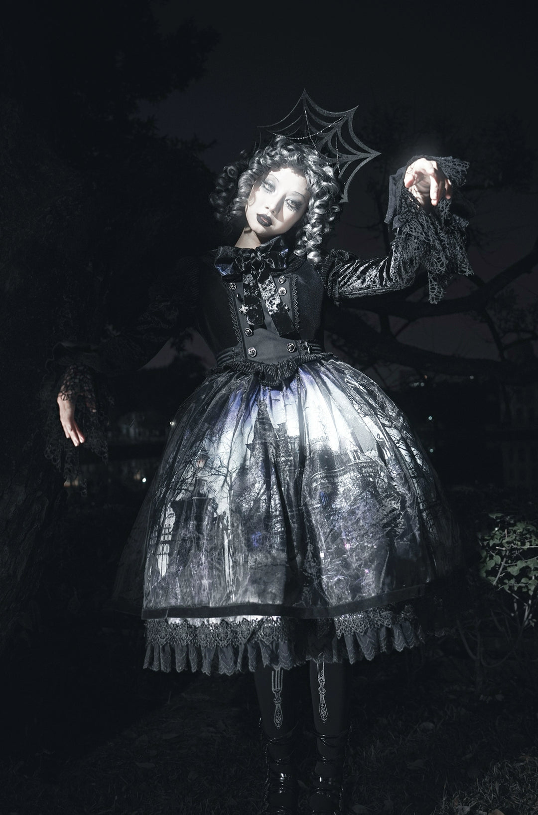 LilithHouse~Horror House~Gothic Lolita OP Set with Cape and Castle Print