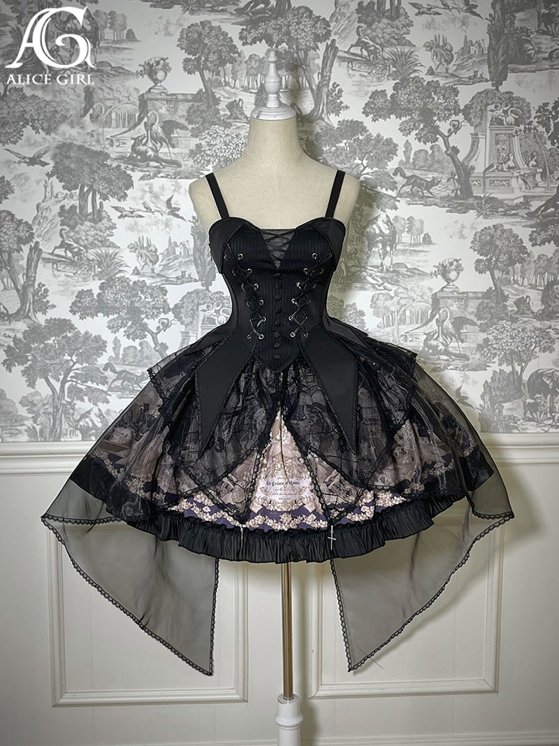Alice Girl~Doll Mystery~Gothic Lolita Skirt Suit Top Skirt Split Dress XS Black (top + skirt) 