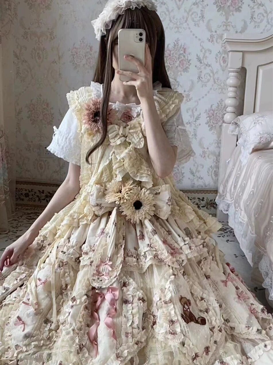 MONO GIRL~Rottengburg Bear~Sweet Lolita JSK Print Hollow-out Ruffles Dress 40730:674882