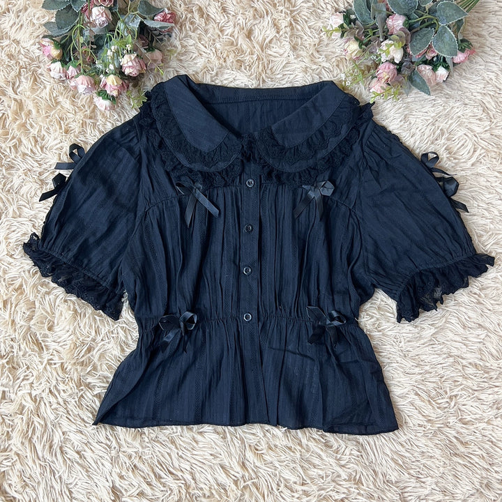 DMFS Lolita~Sweet Lolita Shirt Doll Collar Blouse High-waisted S Black and black lace short sleeve 