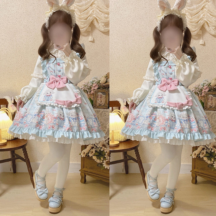 Cinderella~Goat Baa Bedtime Story~Kawaii Lolita JSK blue set ( dress+ side clip +apron+ blouse+brooch) S 