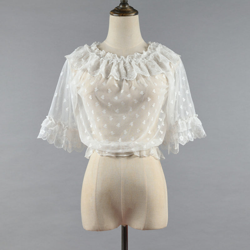 Niu Niu~Plus Size Lolita Shirt Lace Mesh Blouse M white 